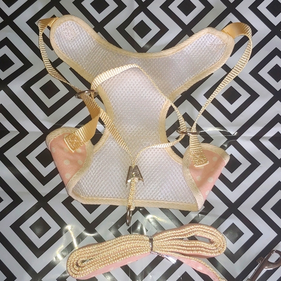 Light Pink Polka DotDog Harness and Leash with Bow Design - Picture 2 of 2